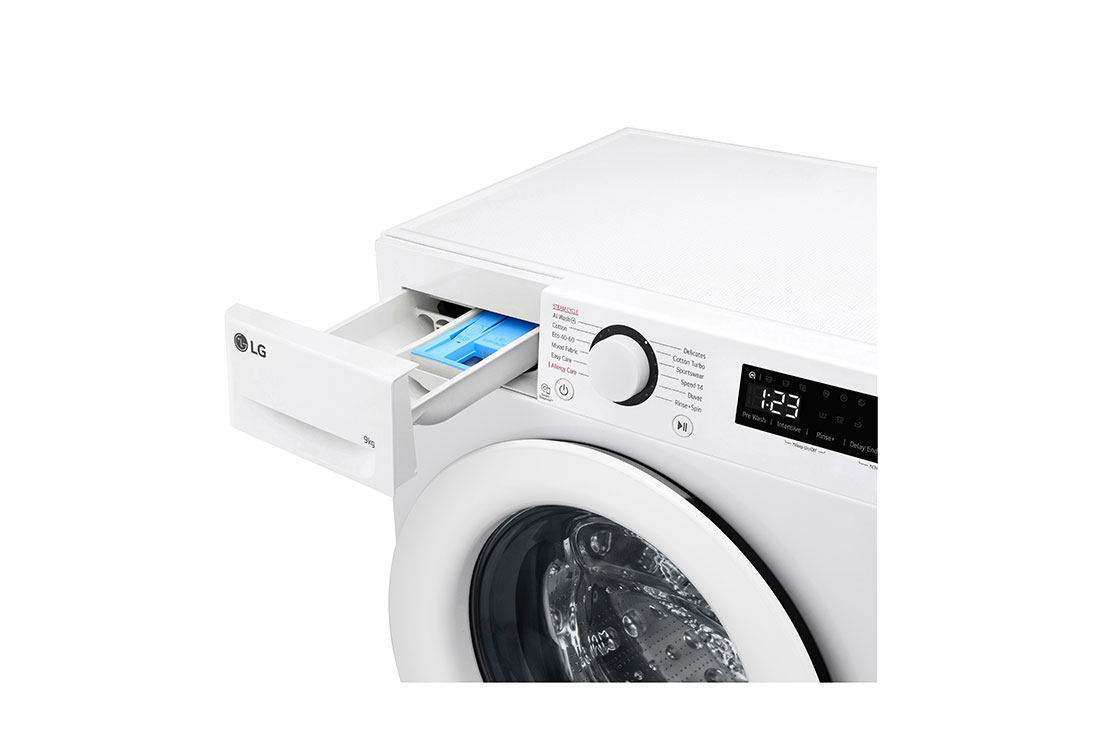 LG skalbimo mašina 9kg | Gylis 475mm | A-10 % | R5 serija | Balta | AI DD™ | Steam™ | Inverter Direct Drive™, detergent drawer open, F2WR509SWW, thumbnail 5