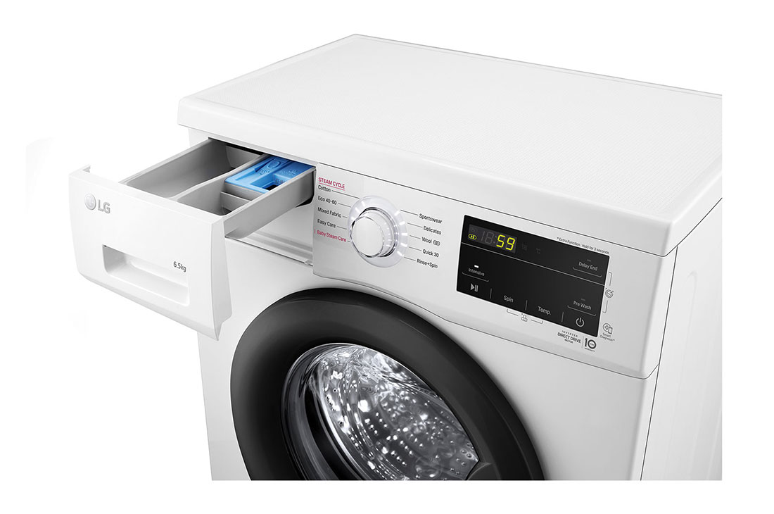 LG skalbimo mašina | 6.5kg | Baltas | E klasė | Inverter Direct Drive™ | Steam™, detergent port side view, F2J3WSBWE, thumbnail 6