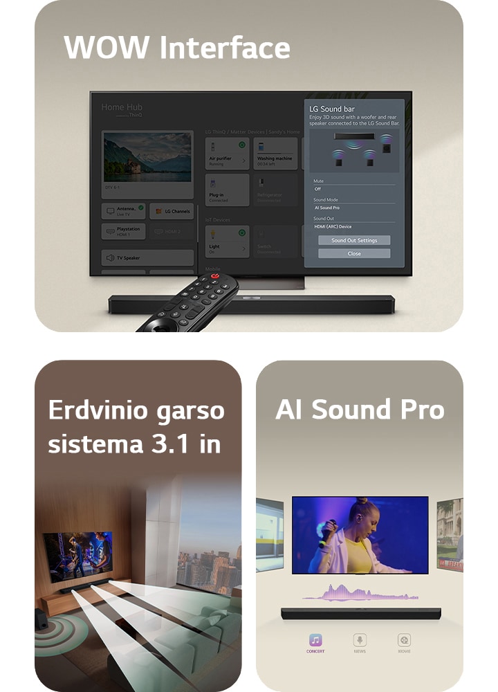 LG Soundbar, LG nuotolinio valdymo pultas ir LG TV su WOW Interface ekrane.  LG Soundbar ir LG TV svetainėje, transliuoja muzikinį pasirodymą. Iš soundbar sklindančios baltos garso bangos iš lašelių, apsisuka aplink sofą ir patalpą, kad sukurtų erdvinį garsą. Per langą matoma miesto panorama.  LG Soundbar su trimis skirtingais TV ekranais virš jos. Viename rodomas filmas, kitame koncertas, o trečiame naujienų laida. Po soundbar yra koncertų, naujienų ir filmų temas simbolizuojantys simboliai.