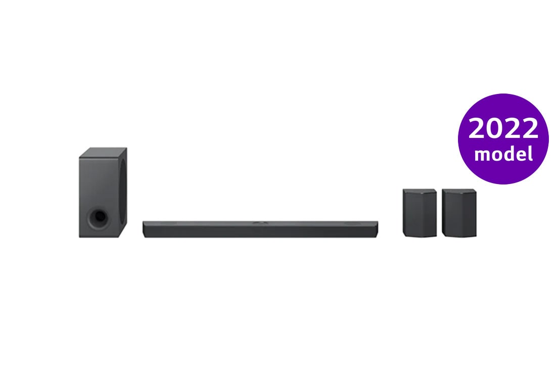 LG Soundbar S95QR, Vaizdas iš priekio su žemųjų dažnių garsiakalbiu ir užpakaliniais garsiakalbiais, S95QR