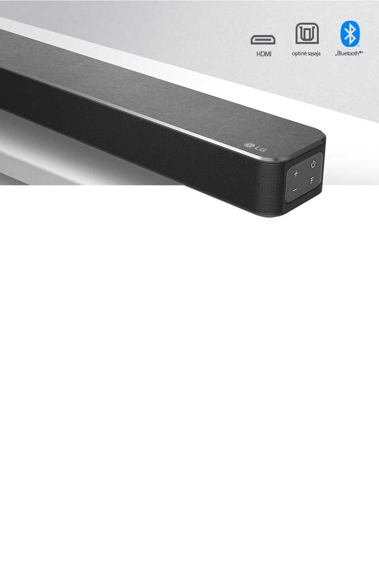 „LG Soundbar“ su LG logotipu apatiniame dešiniajame kampe dešinės pusės vaizdas stambiu planu. Virš produkto pavaizduotos prijungimo piktogramos.