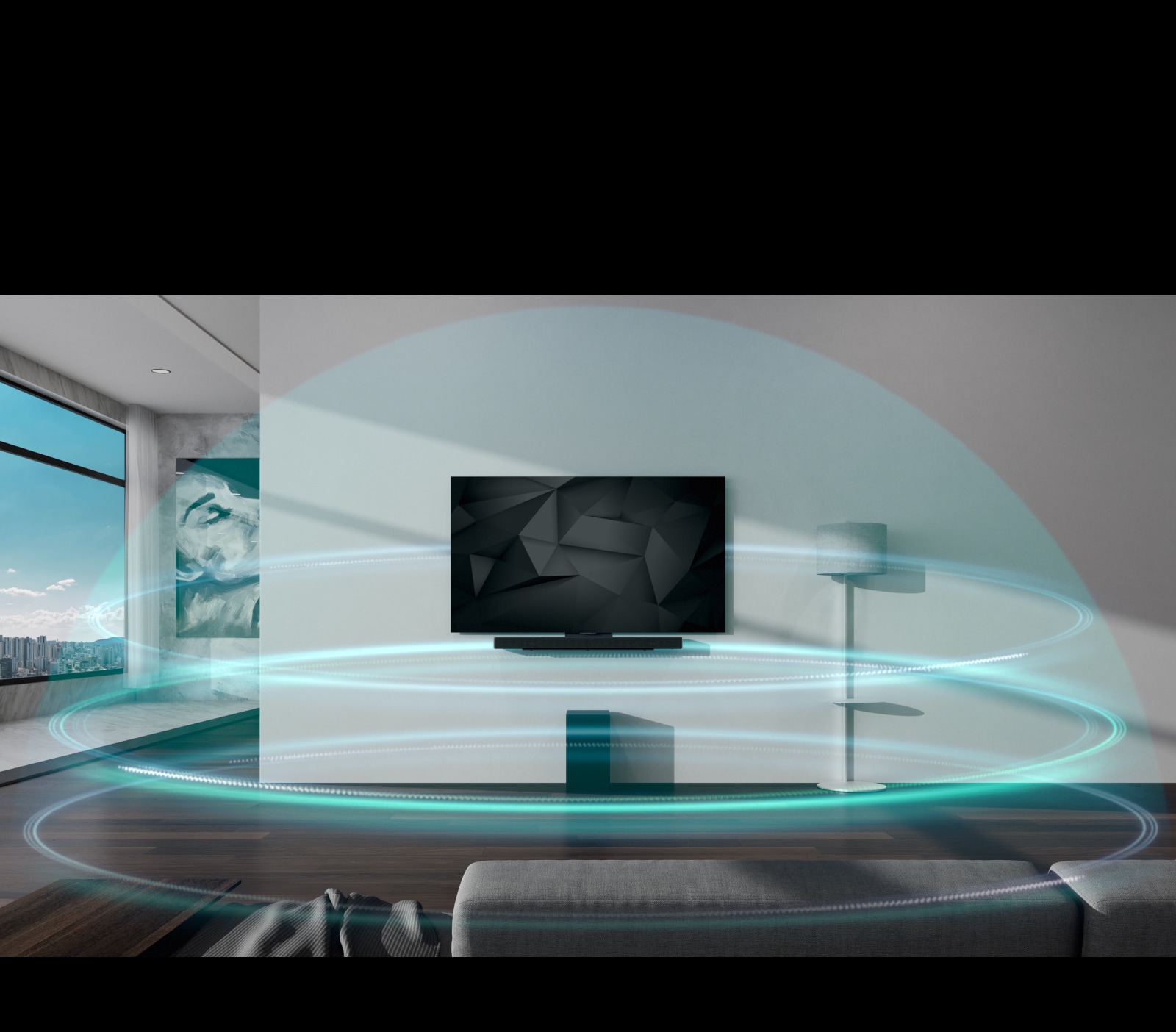 Mėlynos kupolo formos, 3 sluoksnių garso bangos dengia horizontalųjį garsiakalbį („sound bar“) ir televizorių, pakabintą ant svetainės sienos.