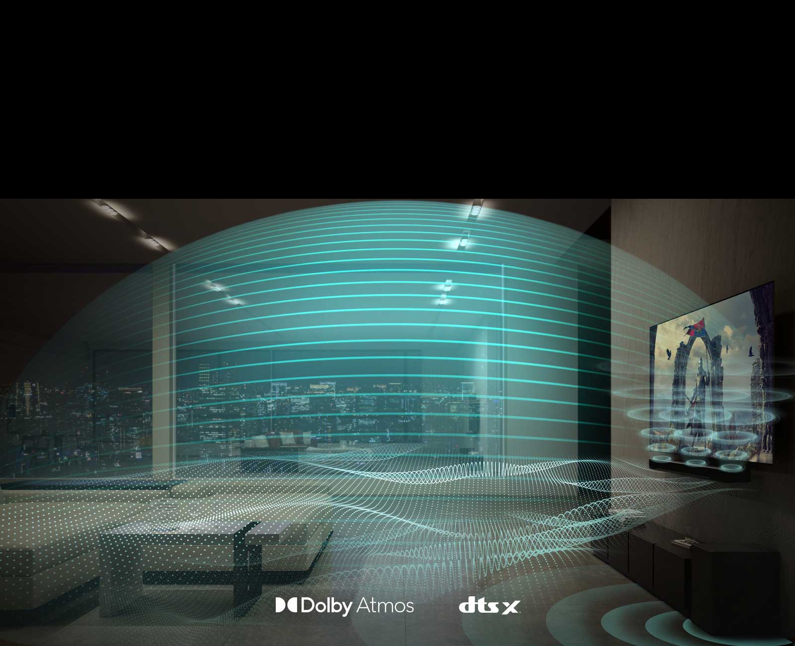 Iš „Soundbar“ ir televizoriaus į visą kambarį sklinda įvairių formų, mėlynos spalvos garso bangos.