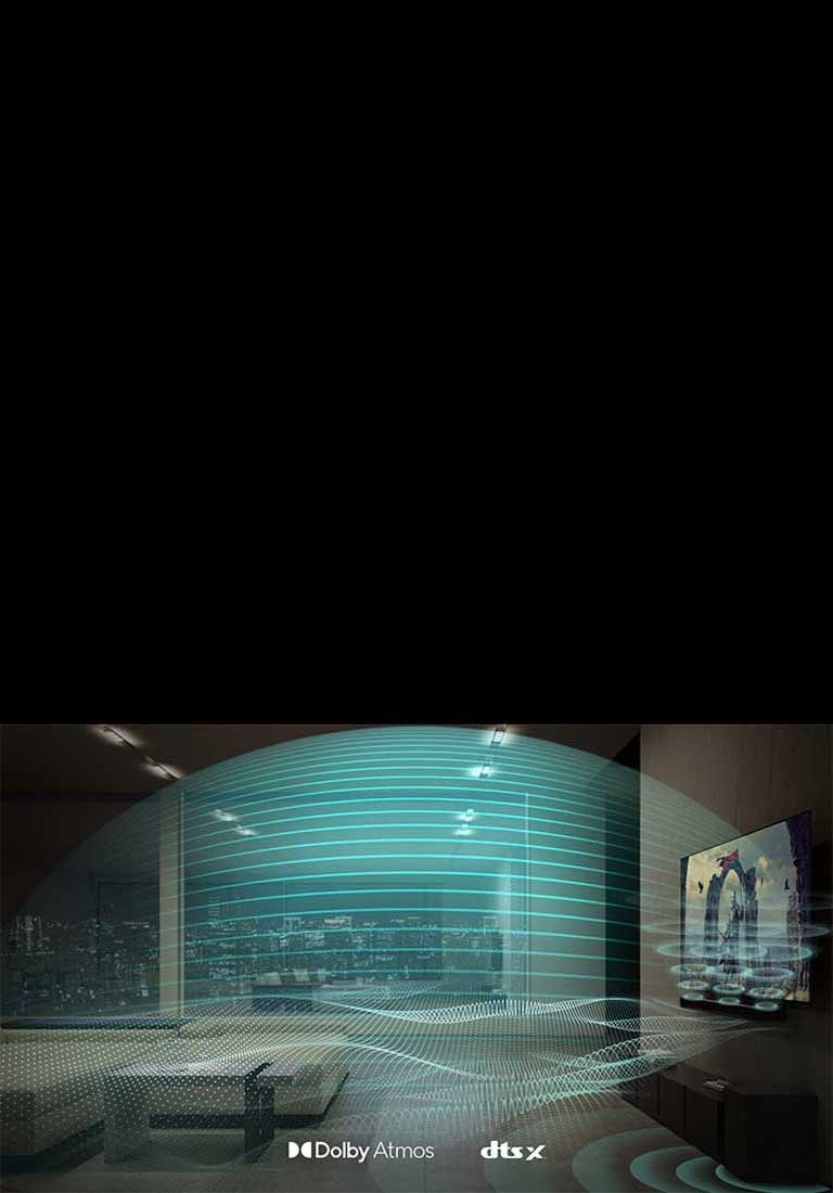 Iš „Soundbar“ ir televizoriaus į visą kambarį sklinda įvairių formų, mėlynos spalvos garso bangos.