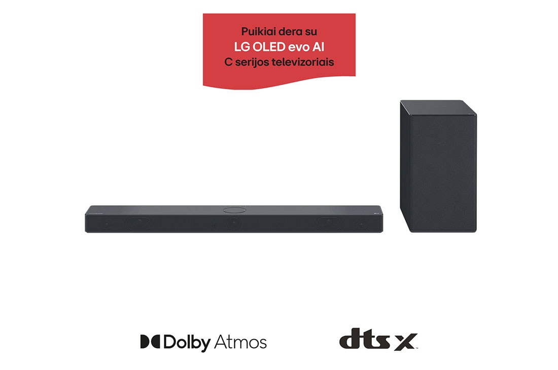 LG 400W, 3.1.3 kanalų SC9S LG „Soundbar“ garso sistema su „Dolby Atmos“, puikiai dera su LG OLED evo AI C serijos TV, Horizontaliojo garsiakalbio („sound bar“) ir žemų dažnių garsiakalbio vaizdas iš priekio, SC9S