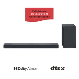 Horizontaliojo garsiakalbio („sound bar“) ir žemų dažnių garsiakalbio vaizdas iš priekio