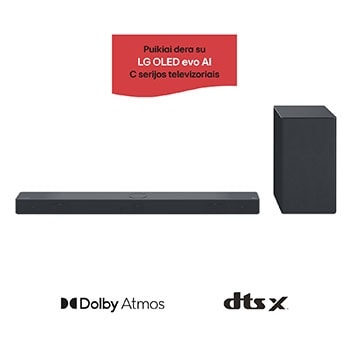 Horizontaliojo garsiakalbio („sound bar“) ir žemų dažnių garsiakalbio vaizdas iš priekio