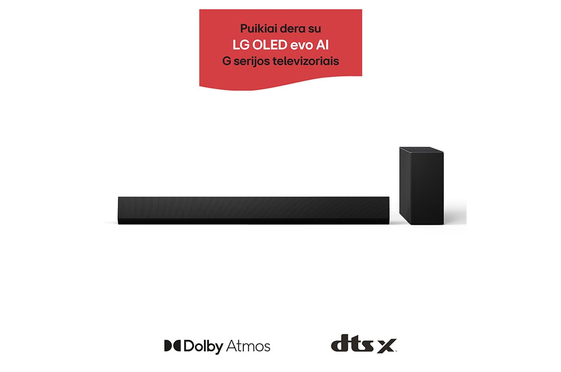 LG 420W, 3.1 kanalų SG10TY LG „Soundbar“ garso sistema su „Dolby Atmos“, puikiai dera su LG OLED evo AI G serijos TV, LG „Soundbar“ SG10TY ir žemųjų dažnių garsiakalbio vaizdas iš priekio, SG10TY