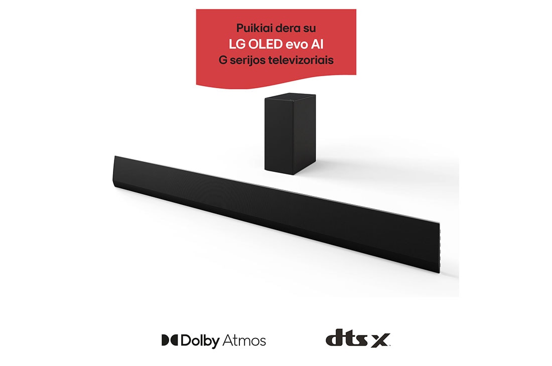 LG 420W, 3.1 kanalų SG10TY LG „Soundbar“ garso sistema su „Dolby Atmos“, puikiai dera su LG OLED evo AI G serijos TV, LG „Soundbar“ SG10TY ir žemųjų dažnių garsiakalbio vaizdas kampu, SG10TY, thumbnail 2