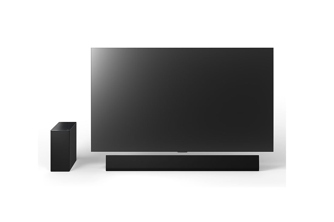LG 420W, 3.1 kanalų SG10TY LG „Soundbar“ garso sistema su „Dolby Atmos“, puikiai dera su LG OLED evo AI G serijos TV, LG OLED G4 (65 col.), LG „Soundbar“ SG10TY ir žemųjų dažnių garsiakalbio vaizdas kampu, SG10TY, thumbnail 12
