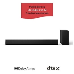 LG „Soundbar“ SG10TY ir žemųjų dažnių garsiakalbio vaizdas iš priekio