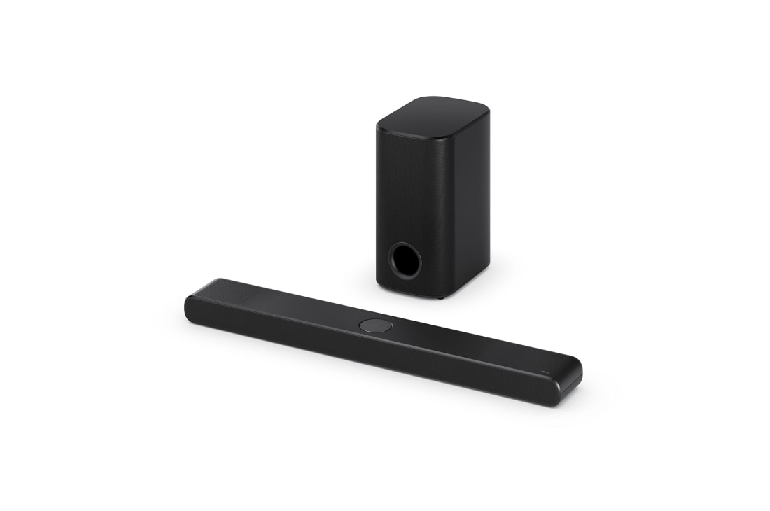 LG „Soundbar“ garso sistema S77TY su „Dolby Atmos“ ir 3.1.3 kanalais, LG „Soundbar“ S77TY ir žemųjų dažnių garsiakalbio vaizdas kampu, S77TY, thumbnail 2