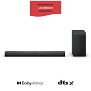 LG 400W, 3.1.1 kanalų S70TY LG „Soundbar“ garso sistema su „Dolby Atmos“, puikiai dera su LG QNED AI TV, LG „Soundbar“ S70TY ir žemųjų dažnių garsiakalbio vaizdas iš priekio, S70TY, thumbnail 1