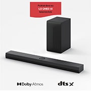 LG 400W, 3.1.1 kanalų S70TY LG „Soundbar“ garso sistema su „Dolby Atmos“, puikiai dera su LG QNED AI TV, LG „Soundbar“ S70TY ir žemųjų dažnių garsiakalbio vaizdas kampu ir iš viršaus, S70TY, thumbnail 2