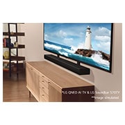 LG 400W, 3.1.1 kanalų S70TY LG „Soundbar“ garso sistema su „Dolby Atmos“, puikiai dera su LG QNED AI TV, LG „Soundbar“ S70TY ir žemųjų dažnių garsiakalbio vaizdas kampu, S70TY, thumbnail 14