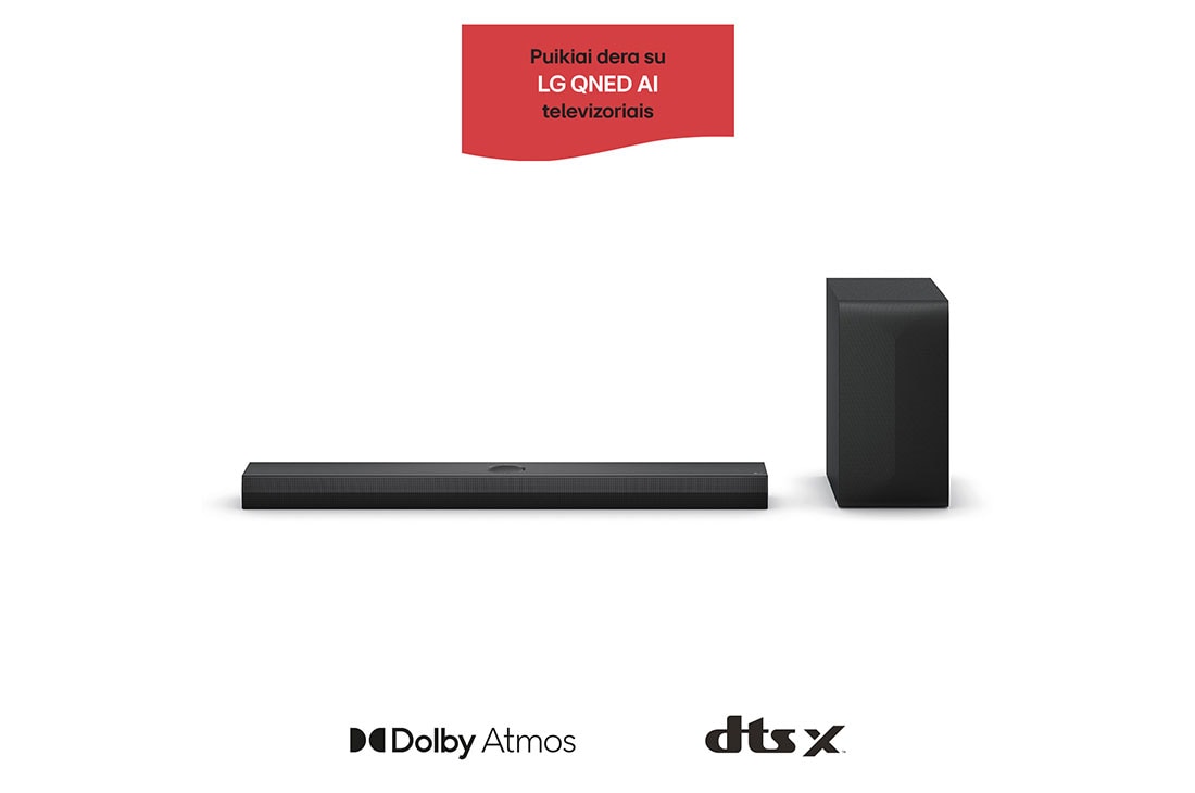 LG 400W, 3.1.1 kanalų S70TY LG „Soundbar“ garso sistema su „Dolby Atmos“, puikiai dera su LG QNED AI TV, LG „Soundbar“ S70TY ir žemųjų dažnių garsiakalbio vaizdas iš priekio, S70TY