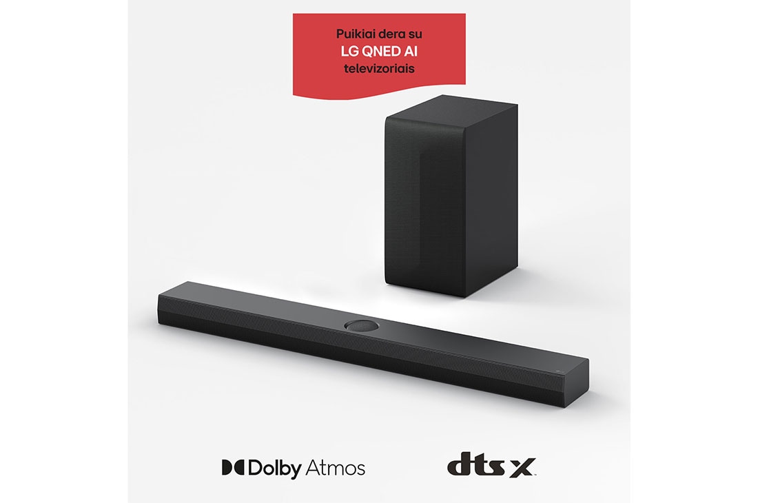 LG 400W, 3.1.1 kanalų S70TY LG „Soundbar“ garso sistema su „Dolby Atmos“, puikiai dera su LG QNED AI TV, LG „Soundbar“ S70TY ir žemųjų dažnių garsiakalbio vaizdas kampu ir iš viršaus, S70TY, thumbnail 2