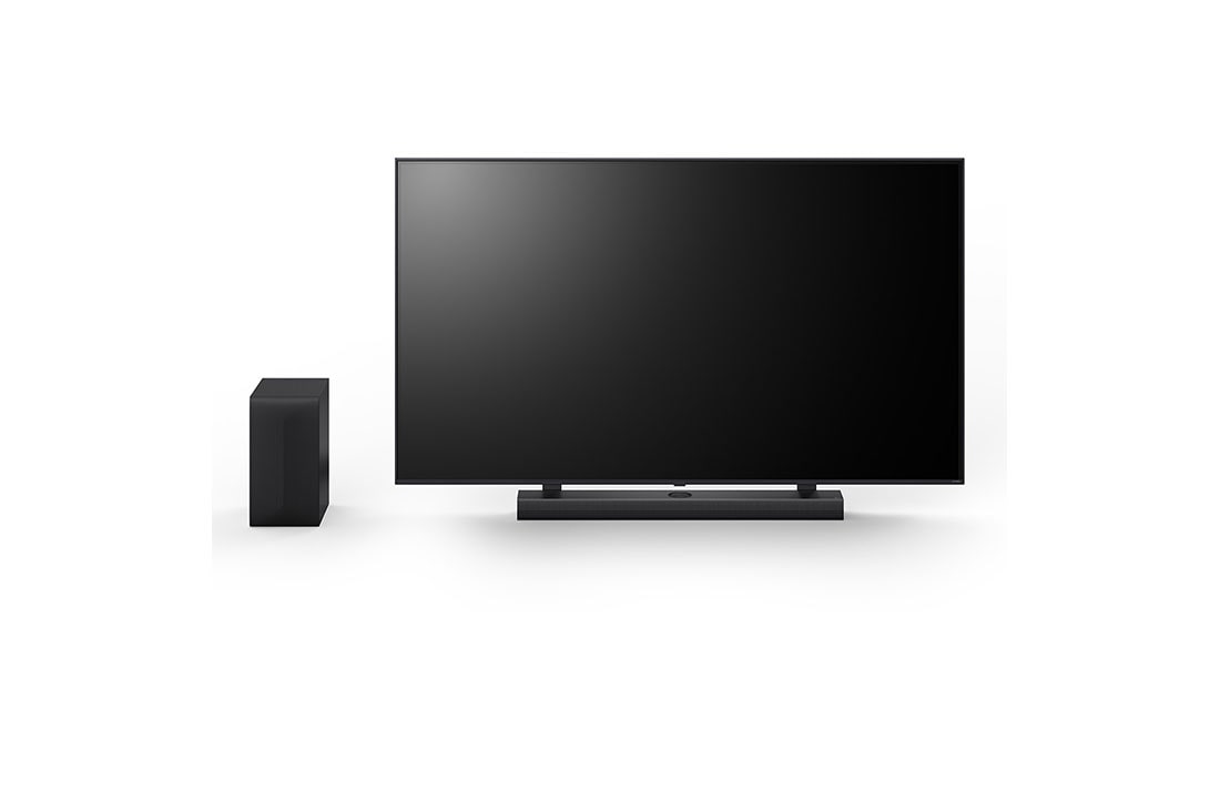 LG 400W, 3.1.1 kanalų S70TY LG „Soundbar“ garso sistema su „Dolby Atmos“, puikiai dera su LG QNED AI TV, LG „Soundbar“ S70TY ir žemųjų dažnių garsiakalbio vaizdas iš priekio, S70TY, thumbnail 12