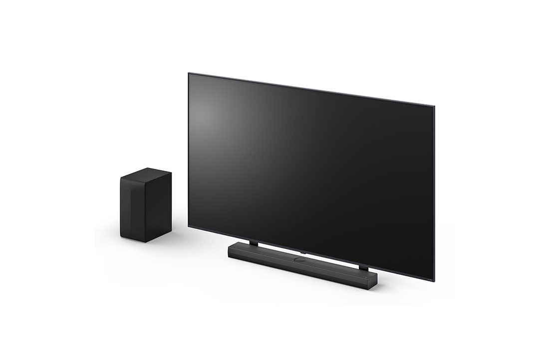 LG 400W, 3.1.1 kanalų S70TY LG „Soundbar“ garso sistema su „Dolby Atmos“, puikiai dera su LG QNED AI TV, LG „Soundbar“ S70TY ir žemųjų dažnių garsiakalbio vaizdas kampu, S70TY, thumbnail 13