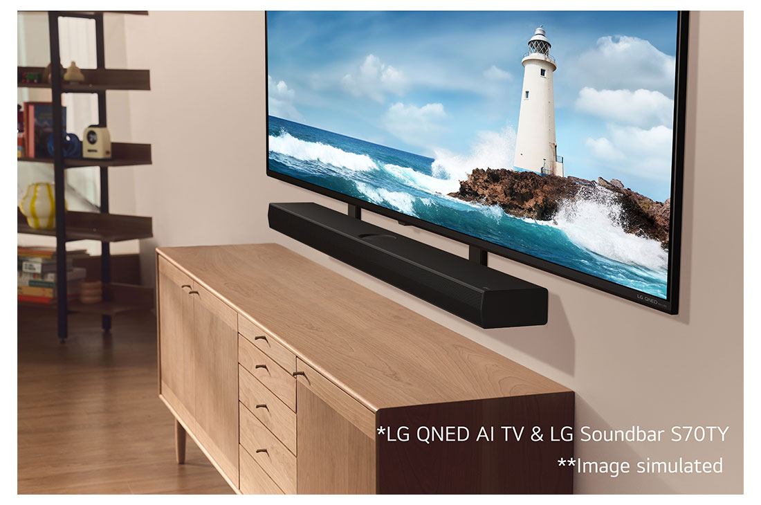 LG 400W, 3.1.1 kanalų S70TY LG „Soundbar“ garso sistema su „Dolby Atmos“, puikiai dera su LG QNED AI TV, LG „Soundbar“ S70TY ir žemųjų dažnių garsiakalbio vaizdas kampu, S70TY, thumbnail 14