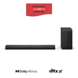 LG „Soundbar“ S70TY ir žemųjų dažnių garsiakalbio vaizdas iš priekio