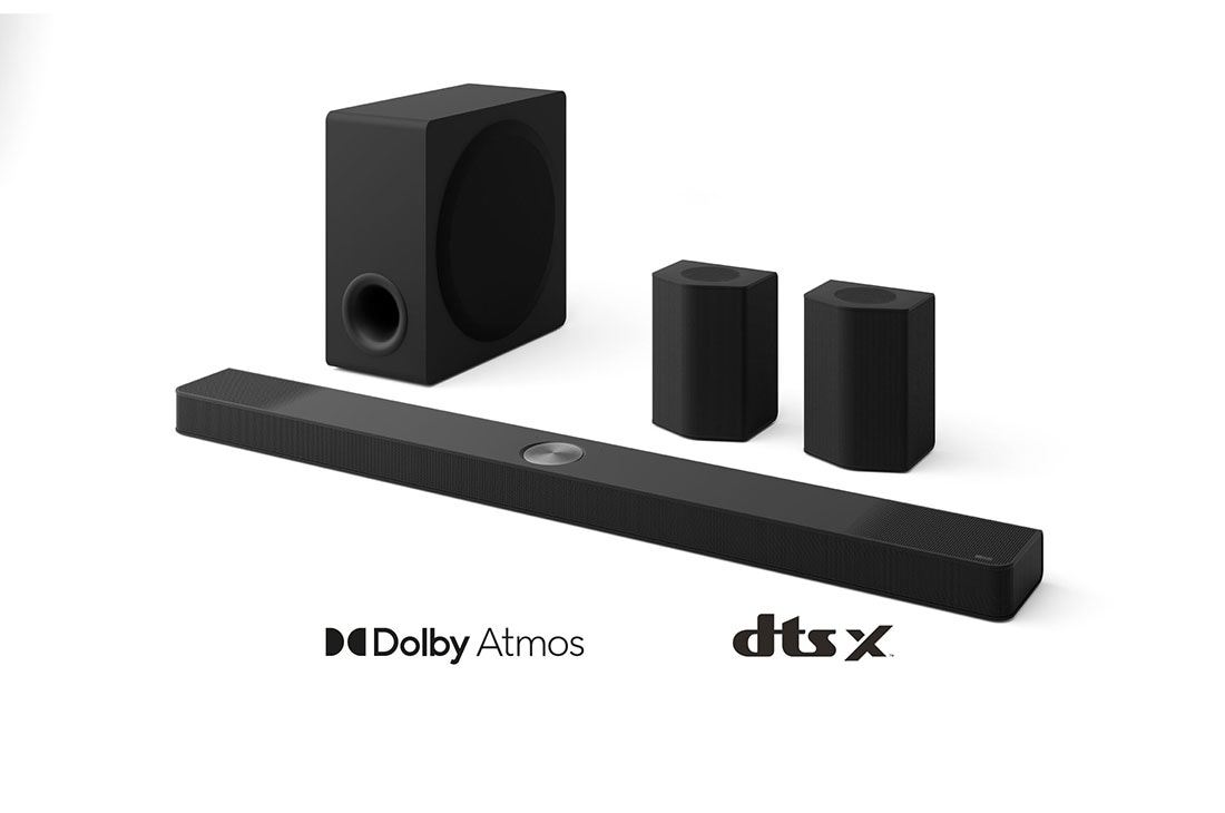 LG 9.1.5 kanalų konfigūracijos LG namų kino garso sistema „Soundbar“ su erdvinio garso ir galinėmis kolonėlėmis S95TR, LG „Soundbar“, žemų dažnių ir galinių garsiakalbių vaizdas 45 laipsnių kampu, S95TR, thumbnail 2