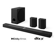 LG 9.1.5 kanalų konfigūracijos LG namų kino garso sistema „Soundbar“ su erdvinio garso ir galinėmis kolonėlėmis S95TR, LG „Soundbar“, žemų dažnių ir galinių garsiakalbių vaizdas 45 laipsnių kampu, S95TR, thumbnail 2
