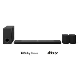 LG „Soundbar“, žemų dažnių ir galinių garsiakalbių vaizdas iš priekio