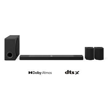 LG „Soundbar“, žemų dažnių ir galinių garsiakalbių vaizdas iš priekio