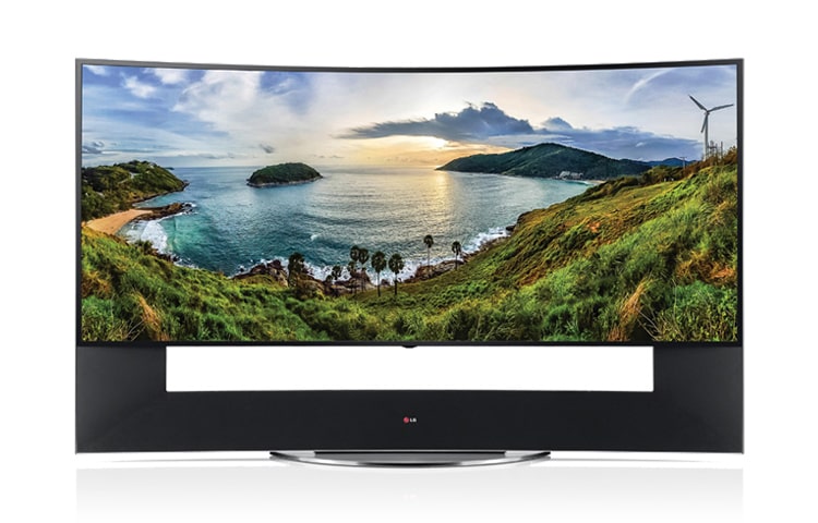 LG 105 colių lenktas „Ultra HD 5Κ LED“ televizorius, kurio kraštinių santykis yra 21:9, o garsą sukūrė „Harman/Kardon“., 105UC9V