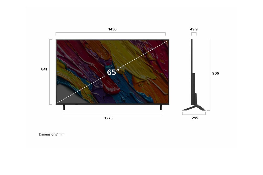 LG 65 colių LG QNED AI 4K išmanusis TV QNED82 2025, Išmaniojo TV LG QNED82 AI 4K vaizdas iš priekio ir šono, nurodant jo ilgį, plotį, aukštį ir gylį., 65QNED82A3B, thumbnail 4