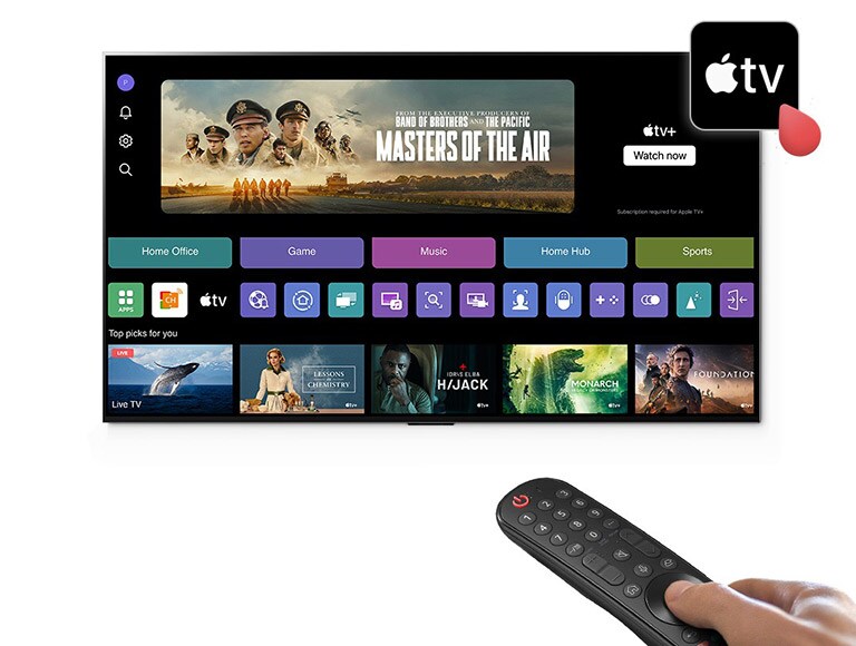 „LG Smart TV“ žiniatinklio OS nuotrauka. Žiniatinklio OD puslapyje yra „Apple TV+“ programos piktograma.