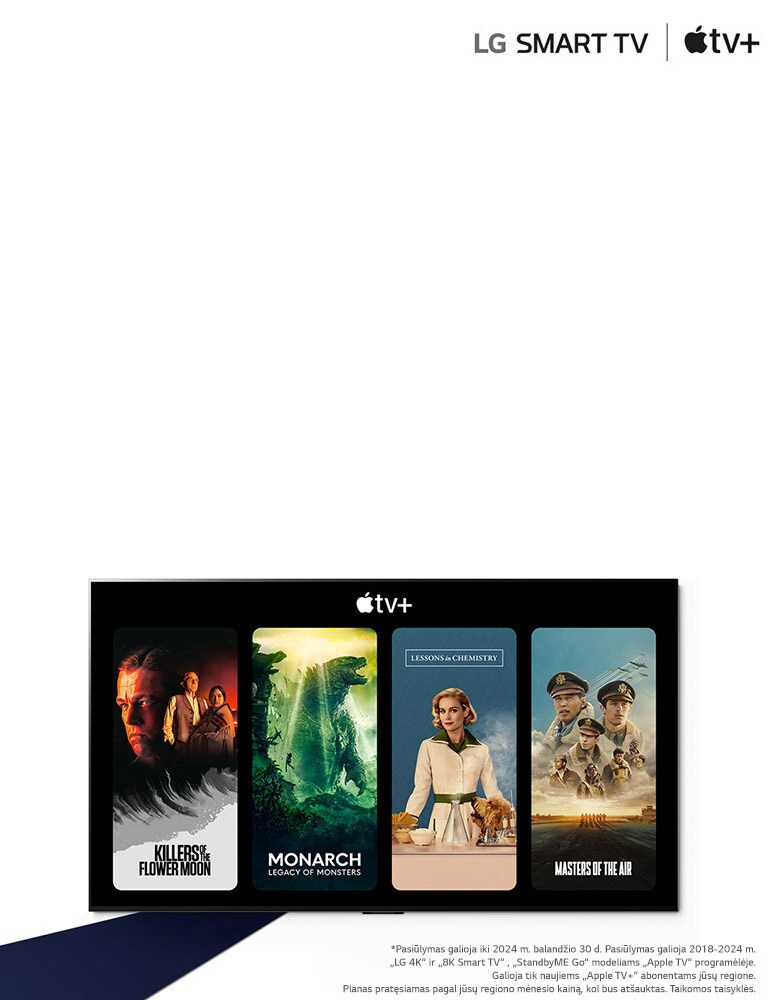 „LG OLED TV“ vaizdas. „Apple TV+“ turinys yra ekrane, ir antraštė yra „Gaukite trys mėnesius „Apple TV+“ nemokamai su „LG Smart TV“.