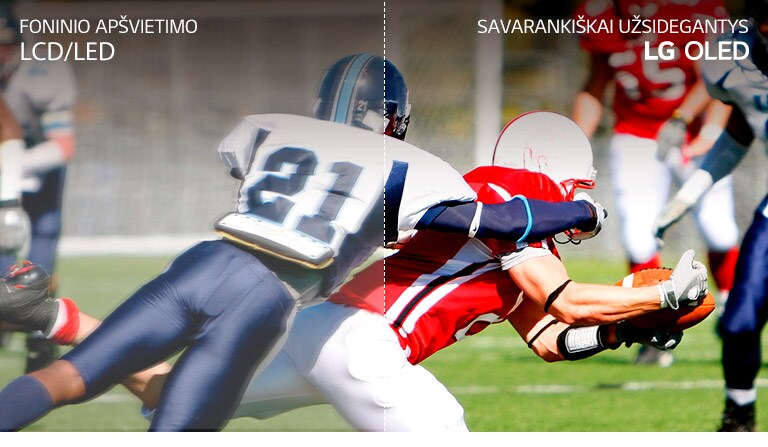 Siužetas iš futbolo rungtynių: vienoje pusėje LCD/LED TV su susiliejusiu vaizdu, o kitoje pusėje LG OLED TV su aiškiu vaizdu