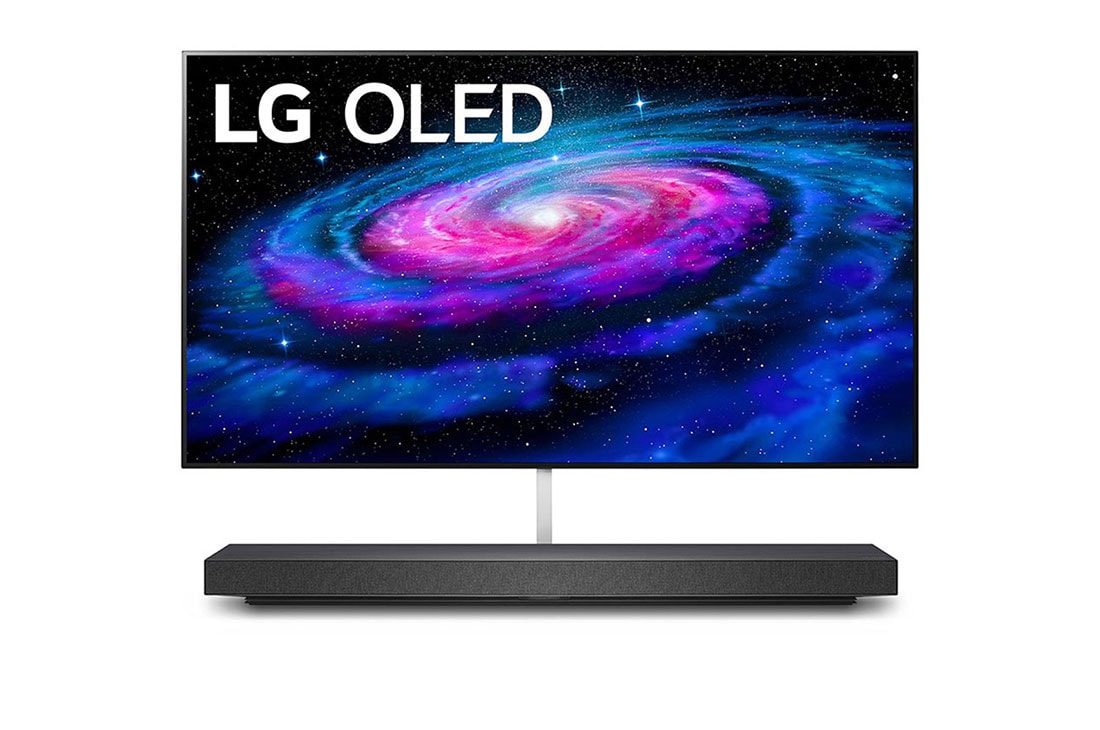 LG 65 colių OLED 4K televizorius su „G-Sync™“ ir garso technologija „Dolby Atmos“, Vaizdas iš priekio su papildomu vaizdu, OLED65WX9LA