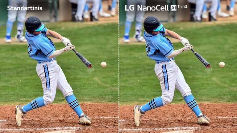 Siužetas iš futbolo rungtynių: vienoje pusėje standartinis LCD/LED TV su susiliejusiu vaizdu, o kitoje pusėje LG „NanoCell“ TV su aiškiu vaizdu