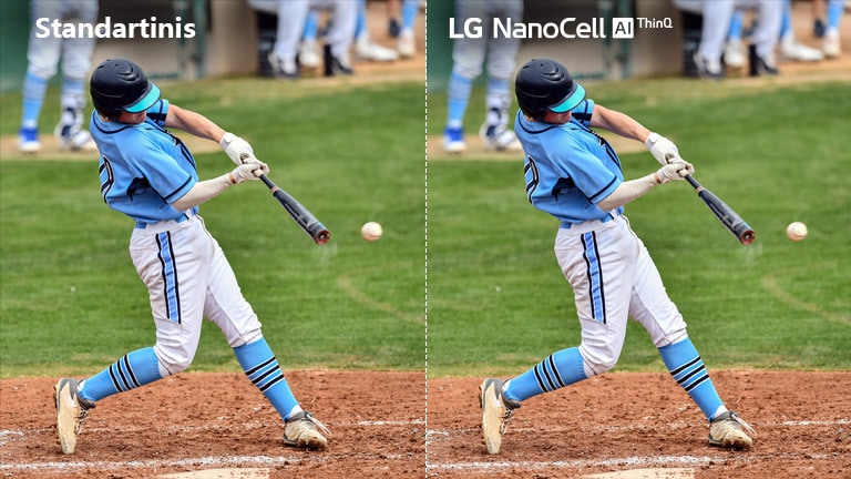 Siužetas iš futbolo rungtynių: vienoje pusėje standartinis LCD/LED TV su susiliejusiu vaizdu, o kitoje pusėje LG „NanoCell“ TV su aiškiu vaizdu