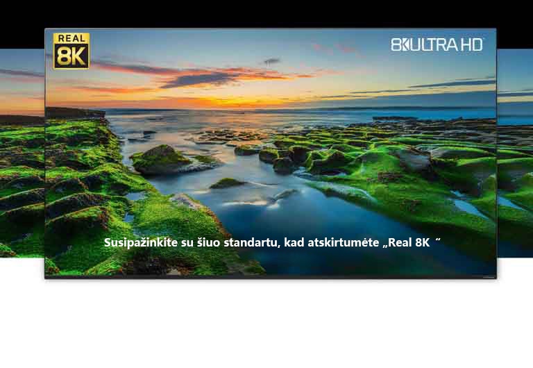 TV ekrane rodomas platus peizažas su „Real 8K“ ir CTA logotipais