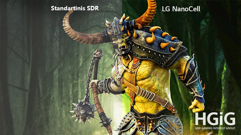 Žaidimo scena su pabaisa standartiniame TV, o kitoje pusėje – LG „NanoCell“ TV su HDR