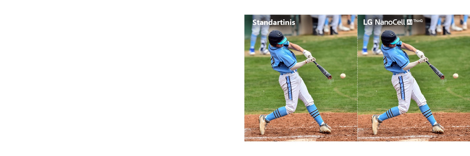 Siužetas iš futbolo rungtynių: vienoje pusėje standartinis LCD/LED TV su susiliejusiu vaizdu, o kitoje pusėje LG „NanoCell“ TV su aiškiu vaizdu