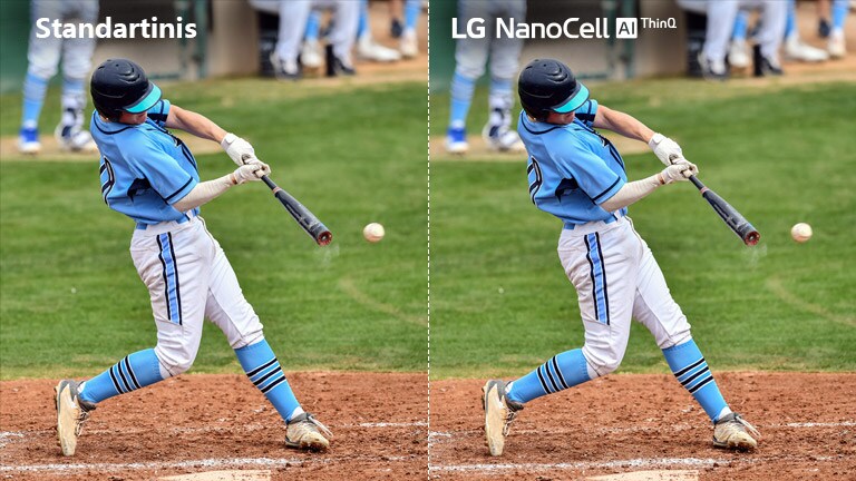 Siužetas iš futbolo rungtynių: vienoje pusėje standartinis LCD/LED TV su susiliejusiu vaizdu, o kitoje pusėje LG „NanoCell“ TV su aiškiu vaizdu