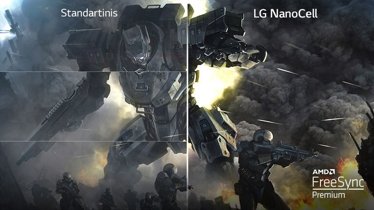 Žaidimo scena standartiniame TV su trūkčiojimu, o kitoje pusėje – LG „NanoCell“ TV be trūkčiojimo