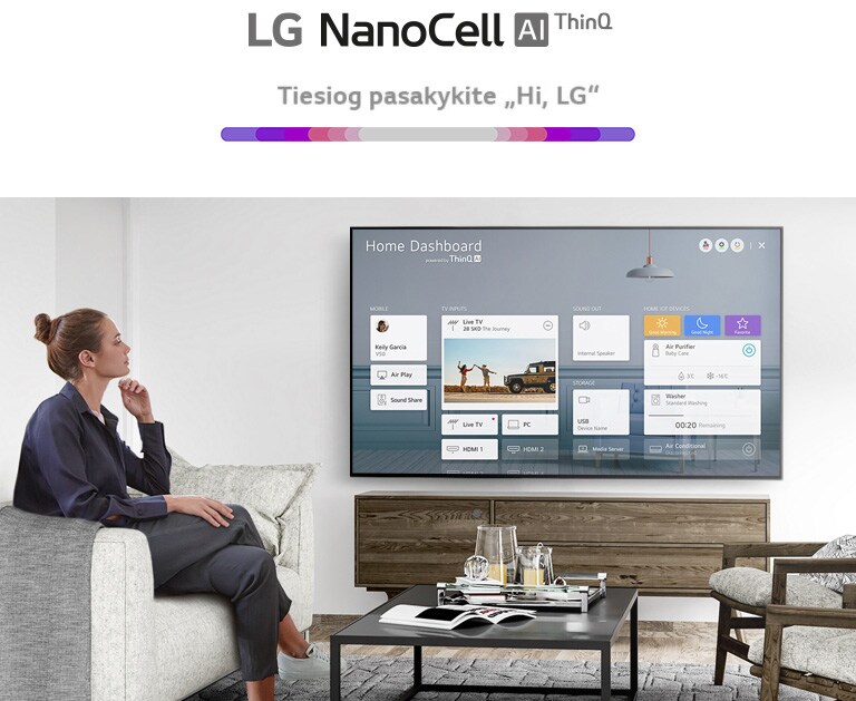 Svetainėje ant sofos sėdinčios moterys, TV ekrane rodomas namų skydelis