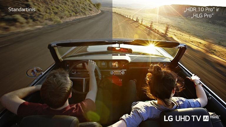 Padalintas galinis poros vairavimo vaizdas. Kairė rodo įprastą vaizdo kokybę. Dešinėje rodo „LG UHD“ televizoriaus vaizdo kokybę.