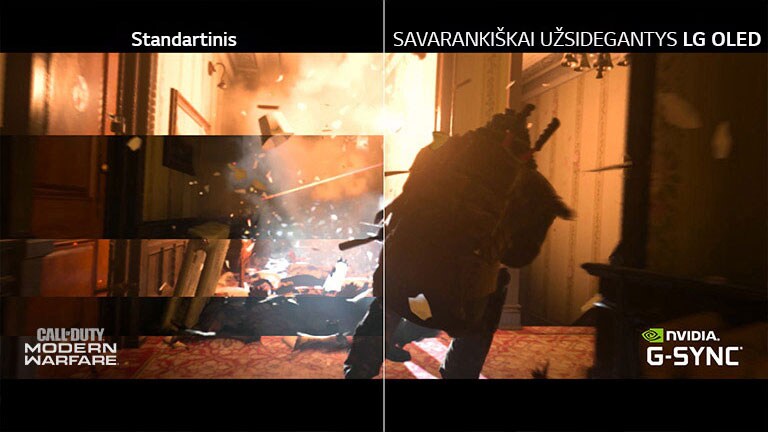 Žaidimo personažo scena LCD / LED televizoriuje su trūkčiojimu ir kitoje pusėje LG OLED TV be trūkčiojimo