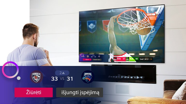 TV ekrane rodoma krepšinio rungtynių scena ir su sportu susijęs įspėjimas