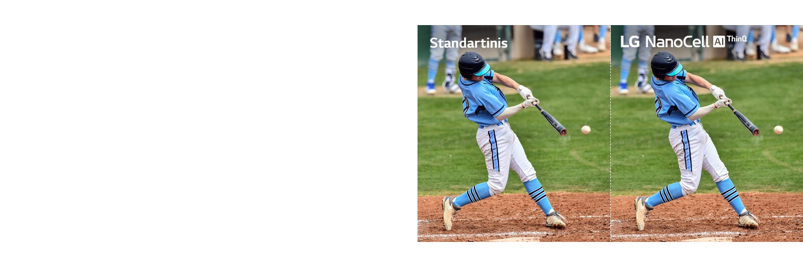 Siužetas iš futbolo rungtynių: vienoje pusėje standartinis LCD/LED TV su susiliejusiu vaizdu, o kitoje pusėje LG „NanoCell“ TV su aiškiu vaizdu