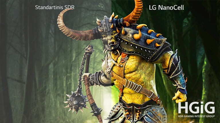 Žaidimo scena su pabaisa standartiniame TV, o kitoje pusėje – LG „NanoCell“ TV su HDR