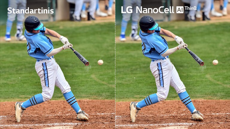 Siužetas iš futbolo rungtynių: vienoje pusėje standartinis LCD/LED TV su susiliejusiu vaizdu, o kitoje pusėje LG „NanoCell“ TV su aiškiu vaizdu