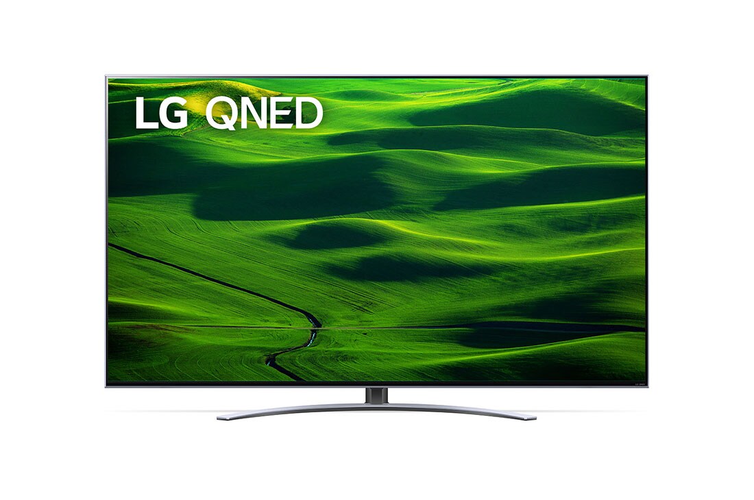 LG 65 colių QNED 4K televizorius, LG QNED televizoriaus vaizdas iš priekio su papildomu vaizdu ir gaminio logotipu, 65QNED823QB